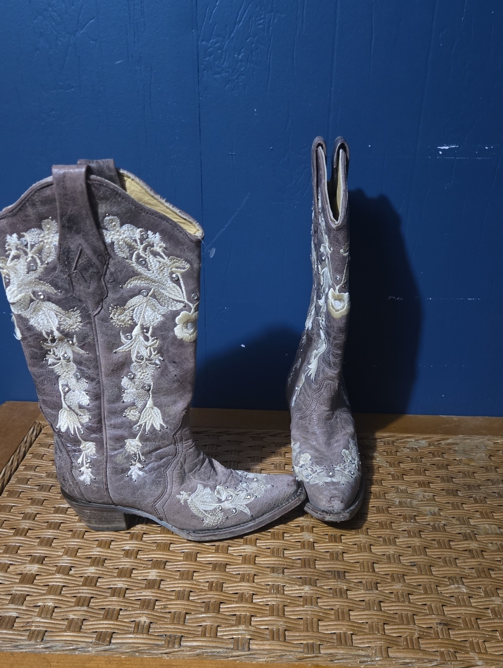 Women's Taupe Suede Heeled Western Boots with Cream Floral Embroidery